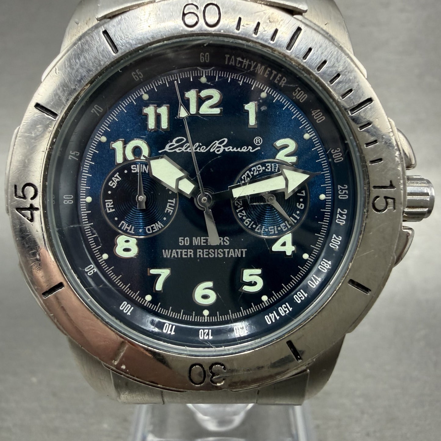 Eddie Baur Watch Men 39mm Blue Dial Silver Tone Daydate Round New Battery1