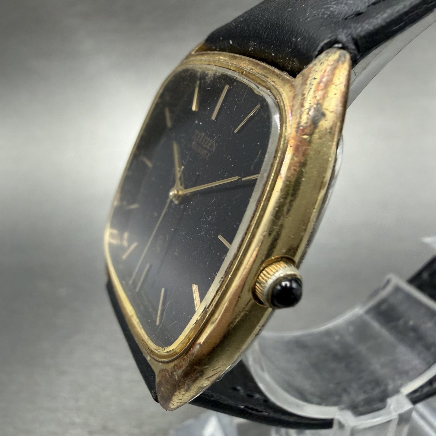 Citizen CQ Watch Men 32mm Black Dial Gold Tone Recatngle 4-795547 New Battery2