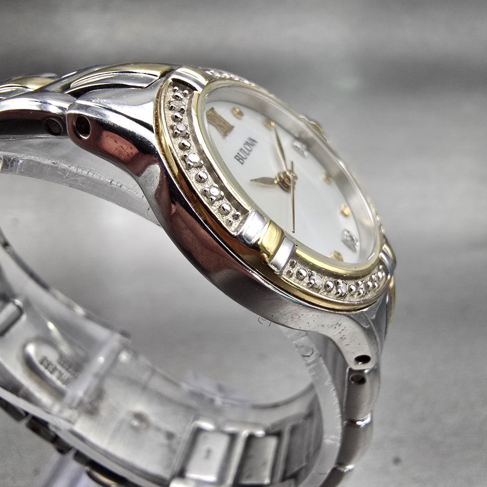 Bulova Watch Women 26mm Silver Dial Two Tone Gemmed Bezel 98R166 New Battery3