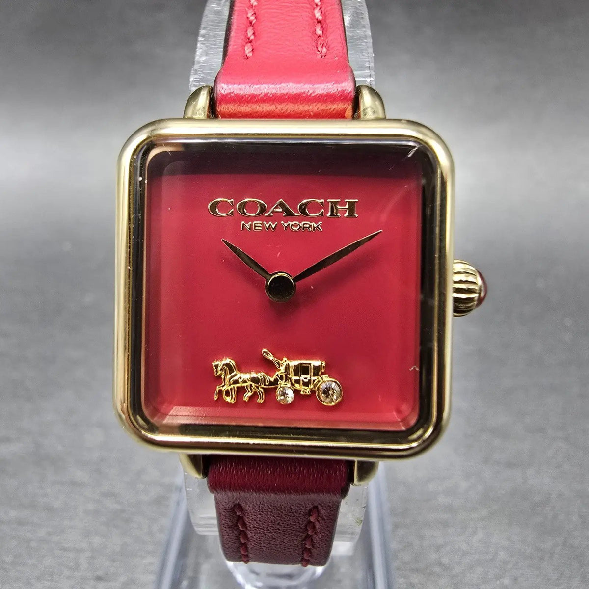 Coach Watch Women 22mm Red Dial Gold Tone Square 14504226 Leather New Battery0