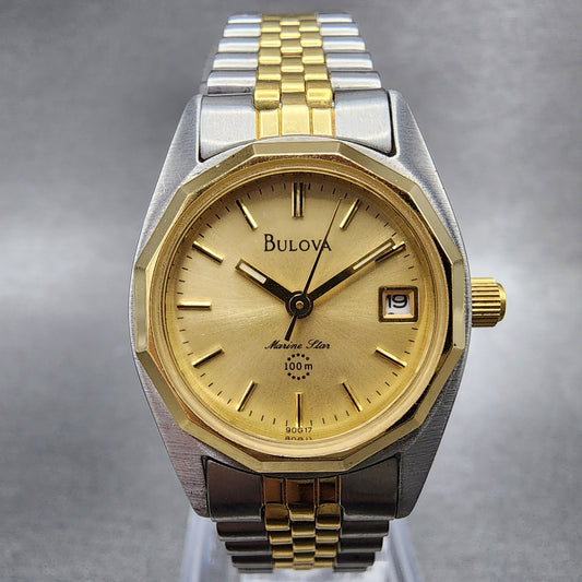 Bulova Marine Star Watch Women 24mm Gold Dial Two Tone Date Round New Battery0