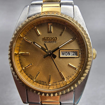 Seiko Watch Women 24mm Gold Dial Two Tone Daydate Round 7N83-0041 New Battery1
