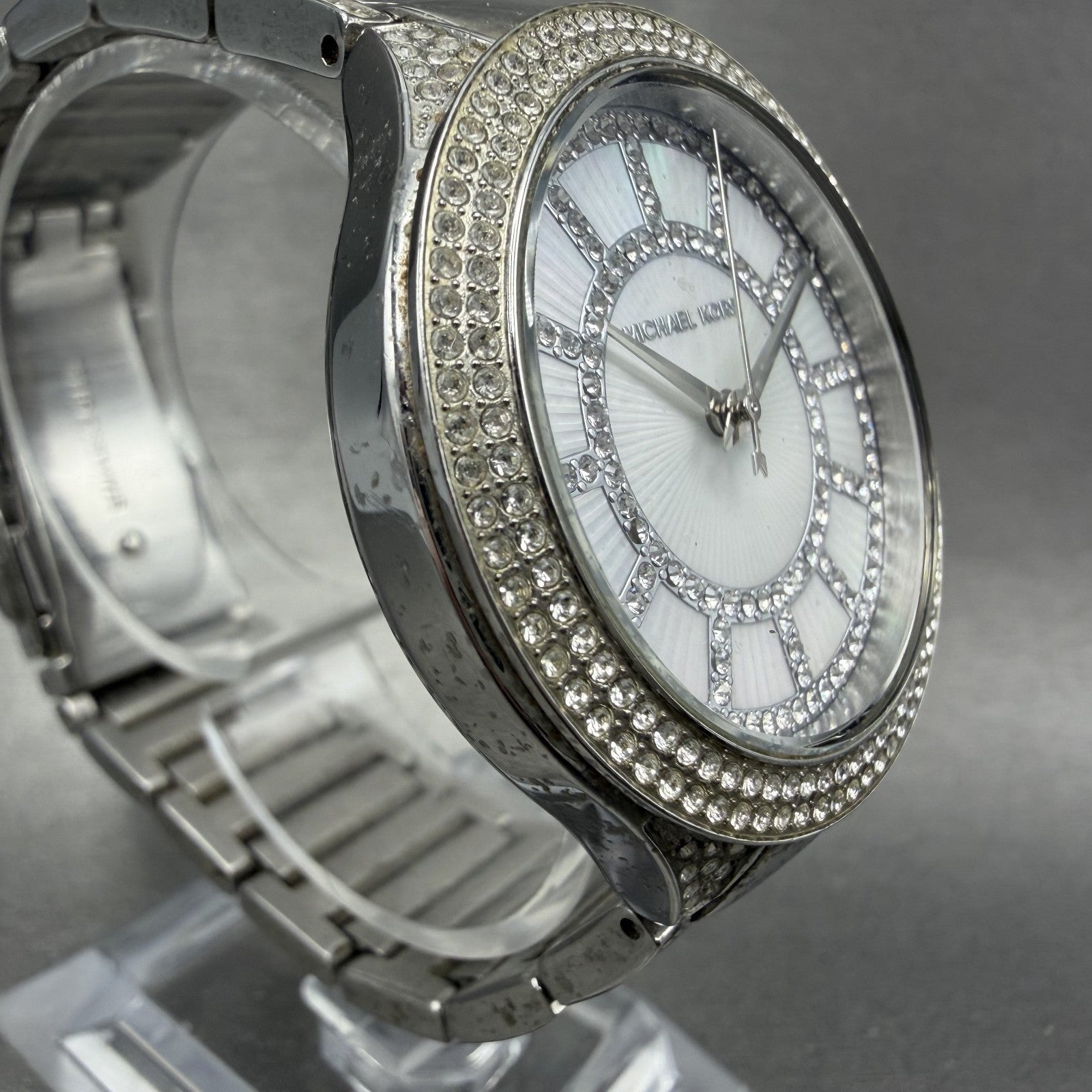 Michael Kors Kerry Watch Women 37mm MOP Dial Silver Tone Crystal Accent New Batt3