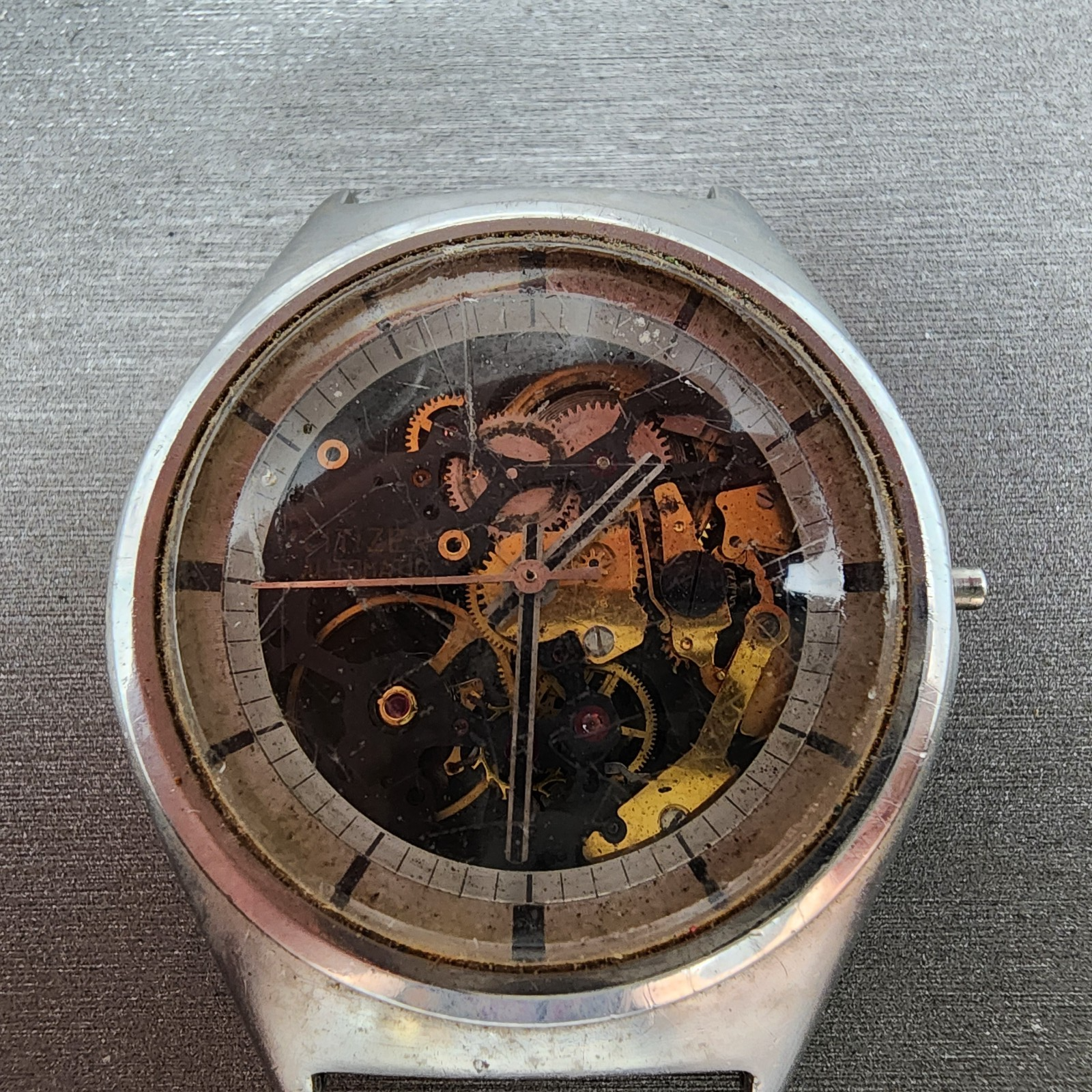 Citizen Skeleton Watch Men 38mm Silver Tone Round Automatic VTG PARTS2
