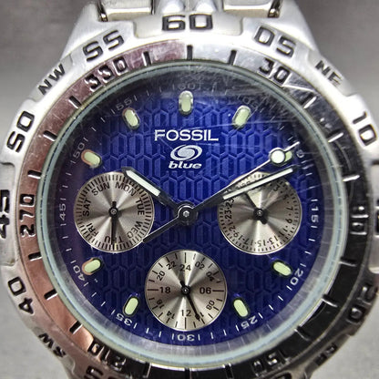 Fossil Blue Watch Women 36mm Blue Dial Silver Tone Daydate BQ-8793 New Battery1