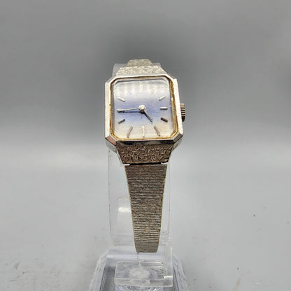 Seiko Watch Women Silver Tone Blue&White Dial Manual Wind 18mm Rectangle Runs