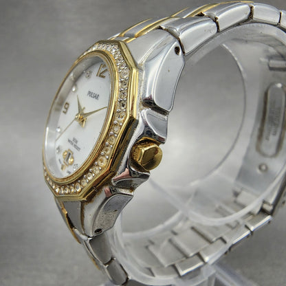 Seiko Pulsar Watch Women 27mm White Dial Two Tone Date VX82X488 New Battery2
