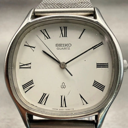 Seiko Watch Men 34mm White Dial Silver Tone Oval 6431-5040 New Battery Vintage1