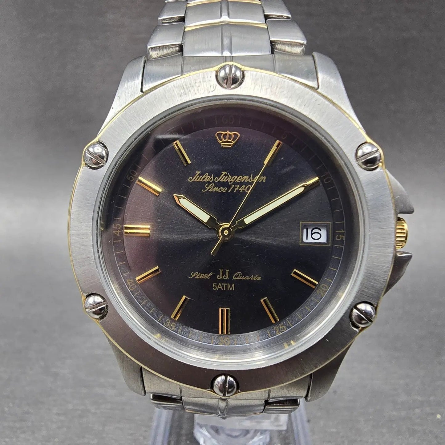 Jules Jurgensen Watch Men 38mm Gray Dial Two Tone Date Round 7635 New Battery0