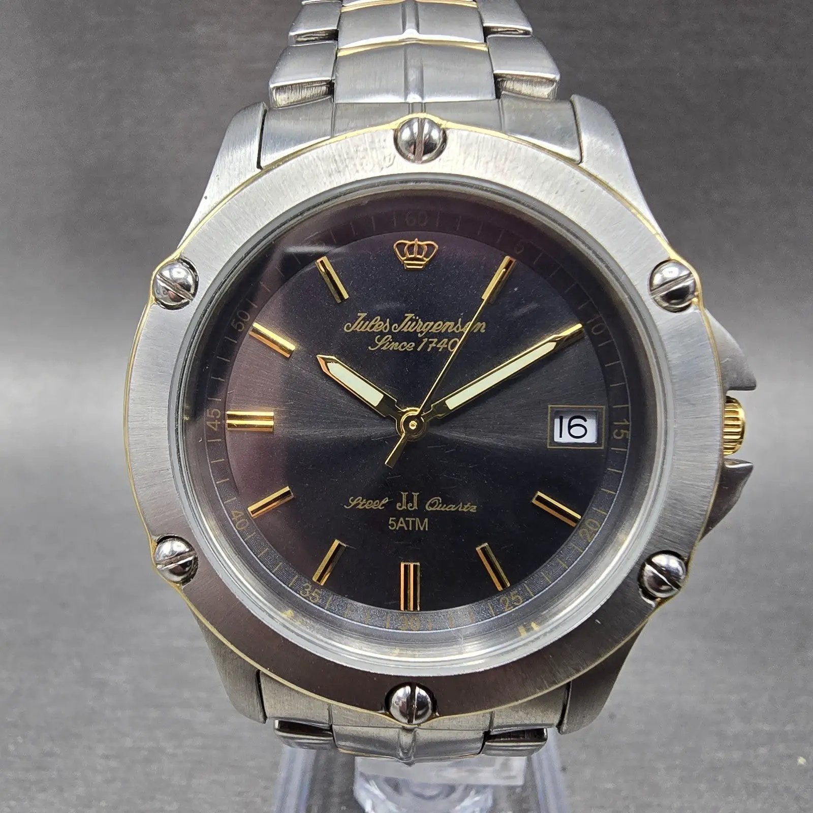 Jules Jurgensen Watch Men 38mm Gray Dial Two Tone Date Round 7635 New Battery0