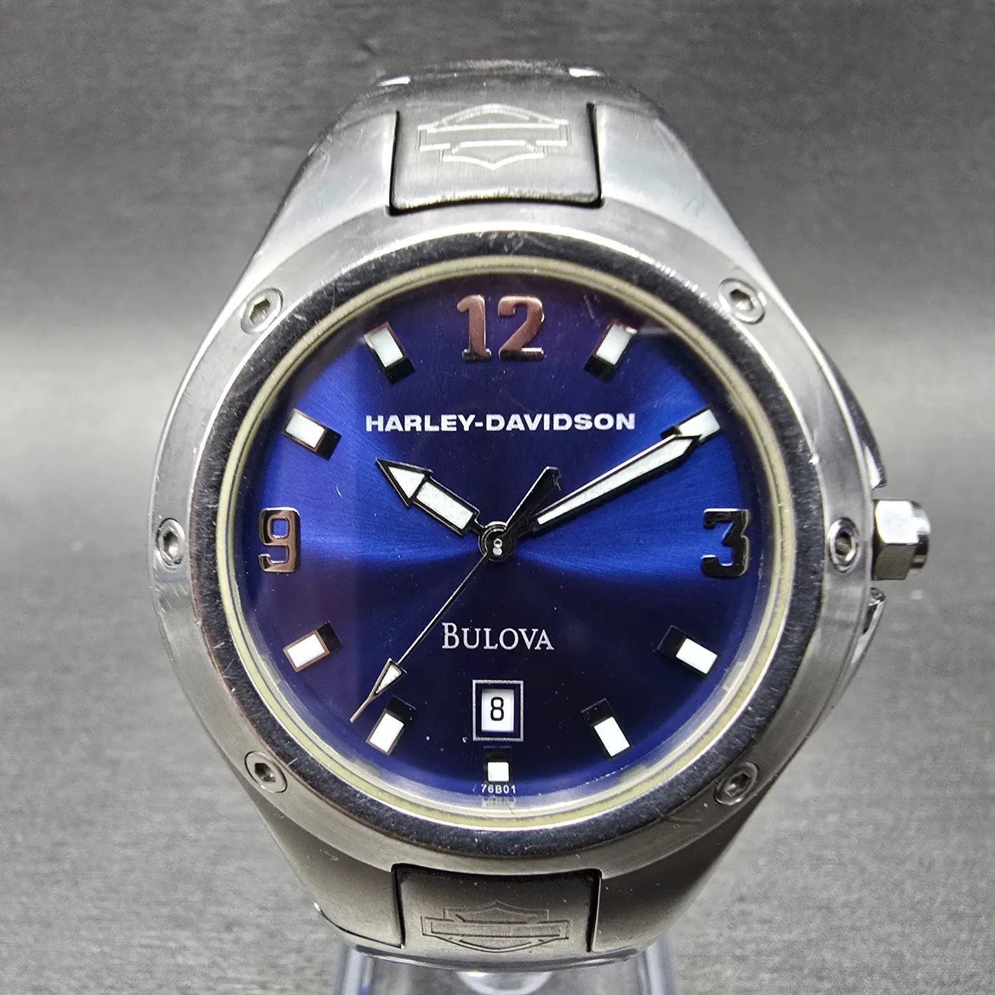 Bulova Harley Davidson Watch Men 40mm Blue Dial Silver Tone Date 76B01 New Batt0