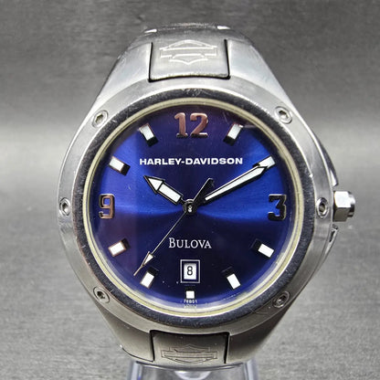 Bulova Harley Davidson Watch Men 40mm Blue Dial Silver Tone Date 76B01 New Batt0