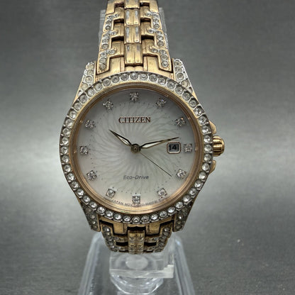 Citizen EcoDrive Watch Women 28mm MOP Dial Rose Gold Tone Crystal Bezel Runs0