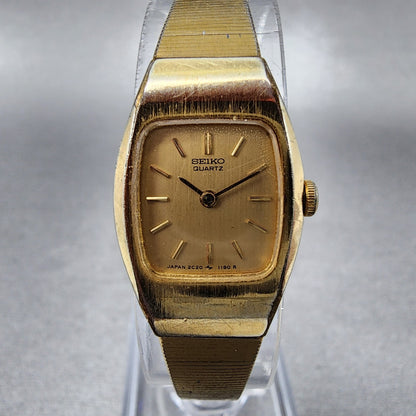 VTG Seiko Watch Women 16mm Gold Dial Gold Tone 2C205559 Tonneau New Battery1