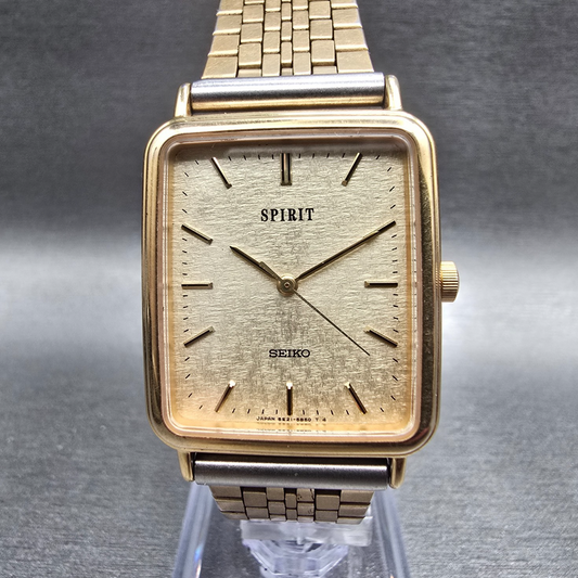 Seiko Spirit Tank Watch Men 26mm Champagne Dial Gold Rectangle 5E21-5B50 New Bat0