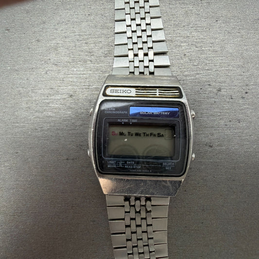 Seiko Digital Watch Men 34mm LCD Alarm Chrono Solar Silver Tone A156-5029 PARTS0