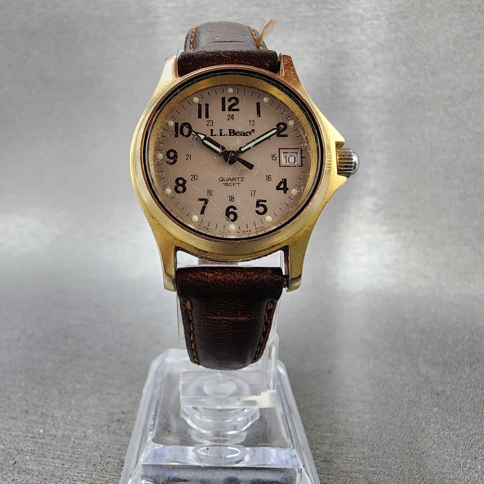 LL Bean Field Watch Women 27mm Gray Dial Gold Tone Date Round Vintage PARTS6