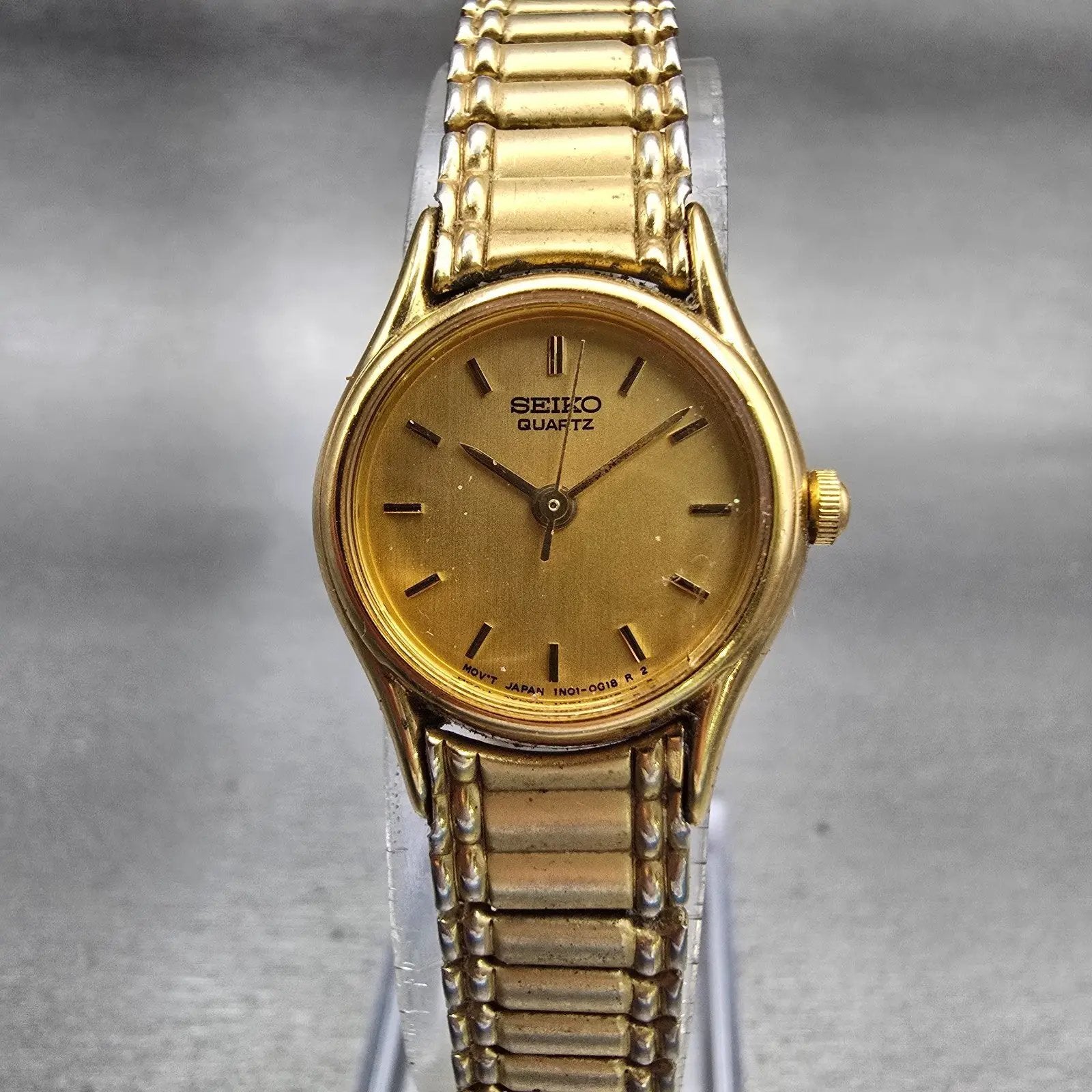 Seiko Watch Women 20mm Gold Dial Gold Tone Round 1N01-0E19 New Battery Vintage0