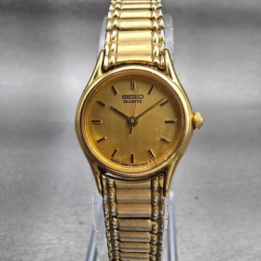 Seiko Watch Women 20mm Gold Dial Gold Tone Round 1N01-0E19 New Battery Vintage0