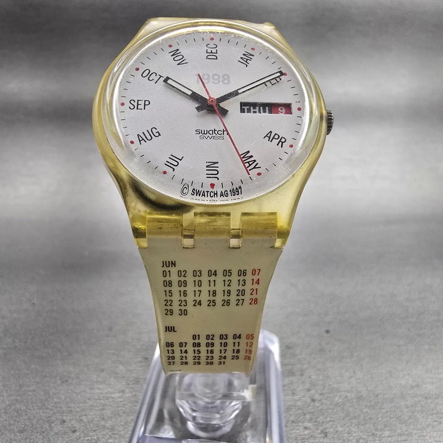Swatch Gent CALENDARIUM Watch Men White Dial Clear Case Daydate GK726 New Batt5