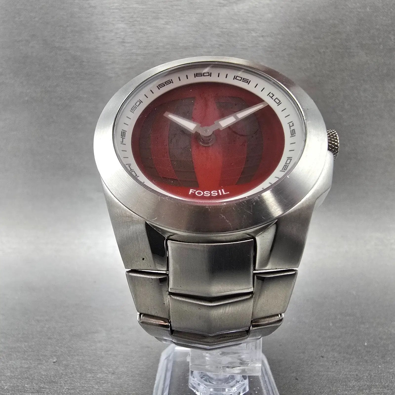 Fossil Big Tic Watch Men 44mm Red Dial Silver Tone Round BG-2151 New Battery5