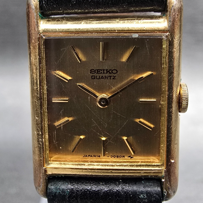 Seiko Tank Watch Women 18mm Gold Dial Gold Tone Rectangle 1400-5039 New Batt JP51