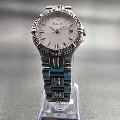 Bulova Watch Women 25mm White Dial Silver Tone Date Gemmed 96R04 New Battery5