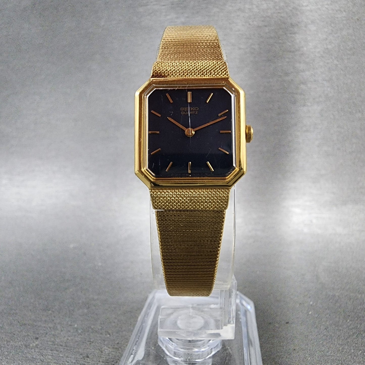 Seiko Tank Watch Women 19mm Blue Dial Gold Tone Octagon 2c205850 New Battery5