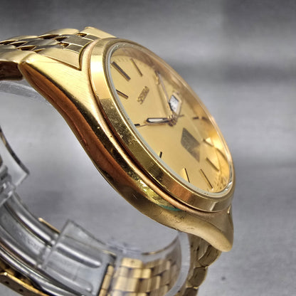 Seiko Watch Men 37mm Gold Dial Gold Tone Daydate Round 7N43-9048 New Battery VTG3