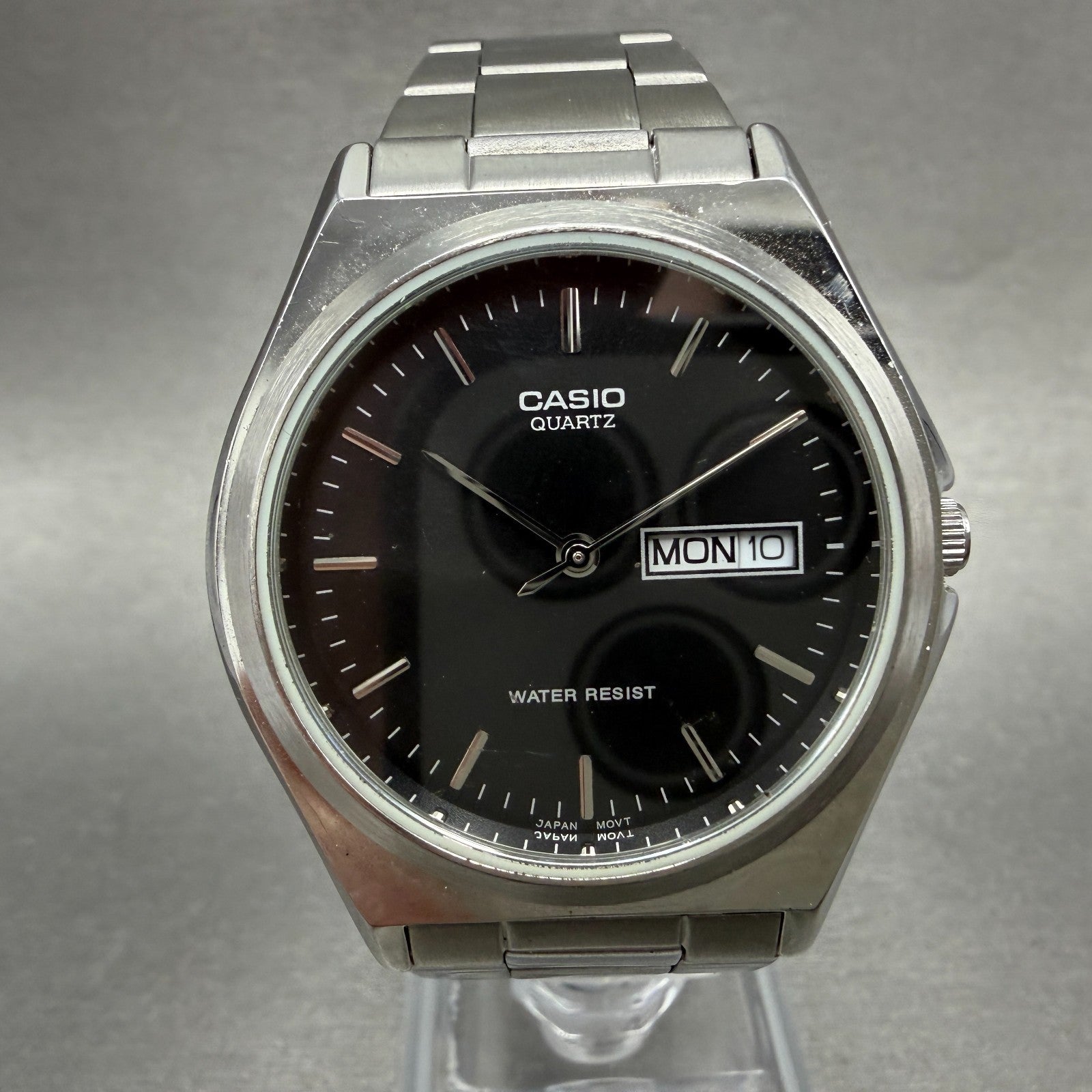 Casio Watch Men 35mm Black Dial Silver Tone Daydate MTP-1240DJ New Battery0