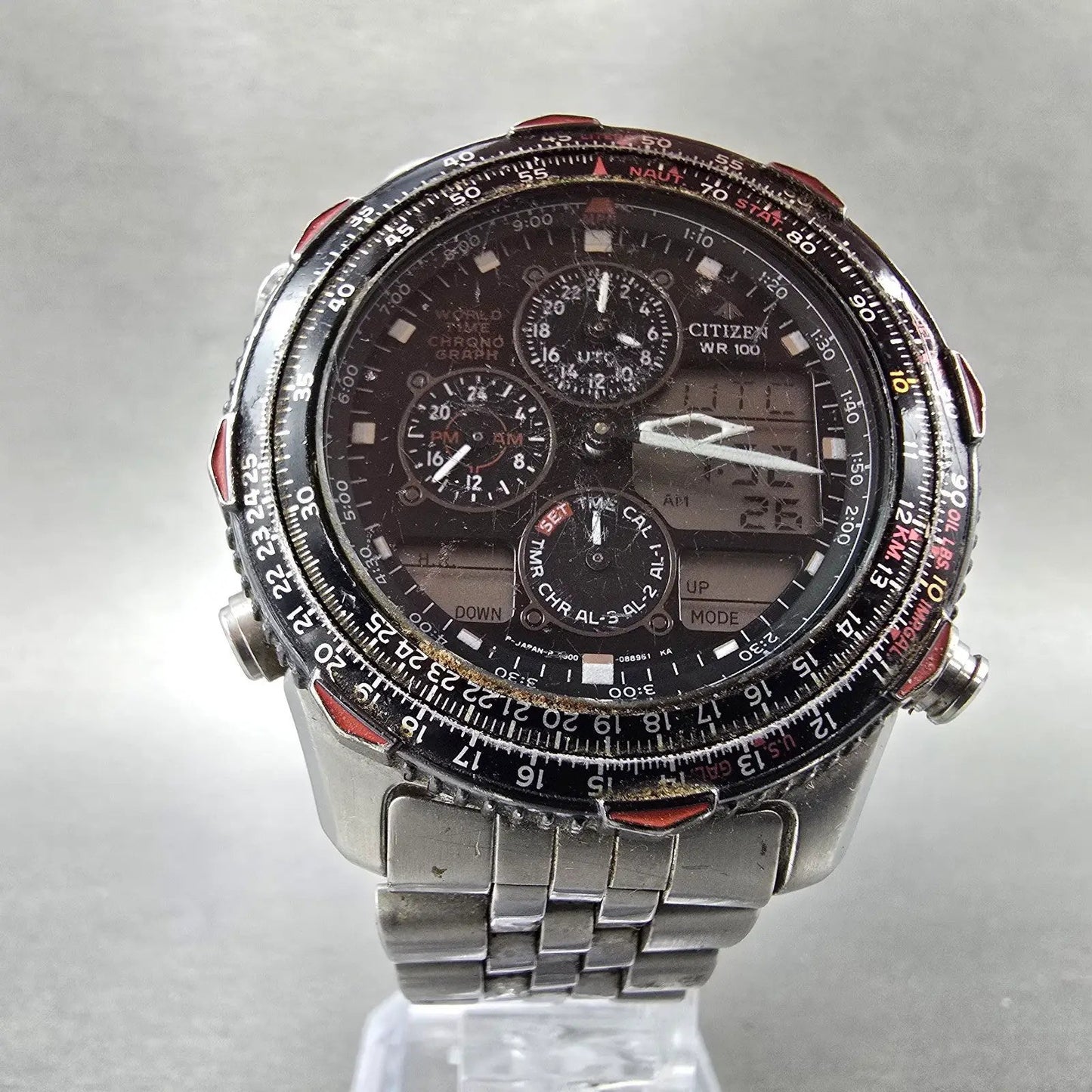 Citizen Navihawk World Time Chronograph Watch Men 42mm Black Dial Steel PARTS6