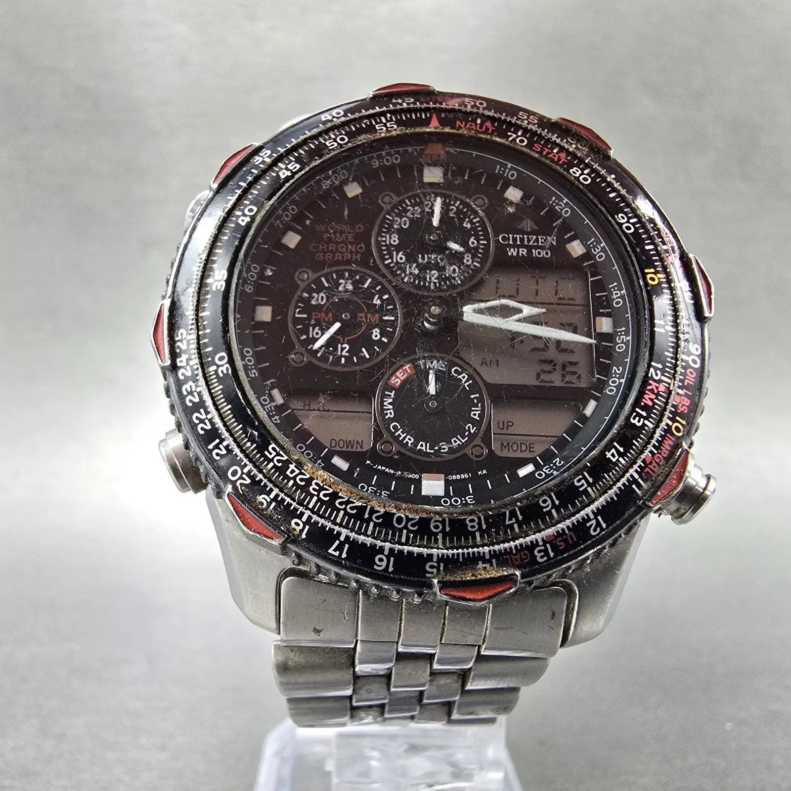 Citizen Navihawk World Time Chronograph Watch Men 42mm Black Dial Steel PARTS6