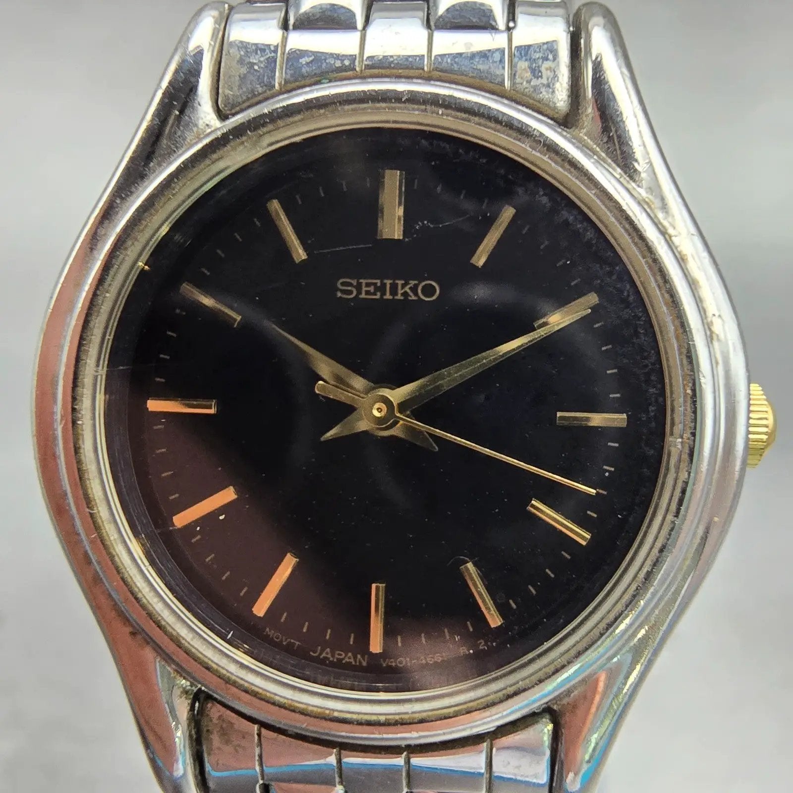Seiko Watch Women 24mm Black Dial Silver Tone Round V401-1609 New Battery VTG1