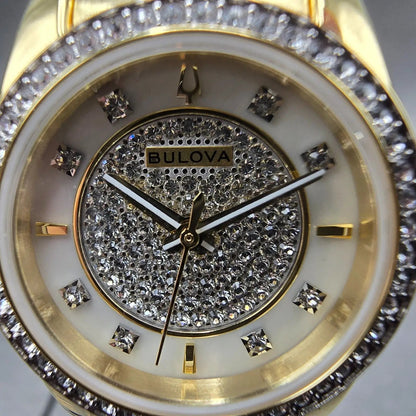 Bulova Watch Women 24mm MOP Dial Gold Tone Round Crystal Bezel 98L315 New batt 22
