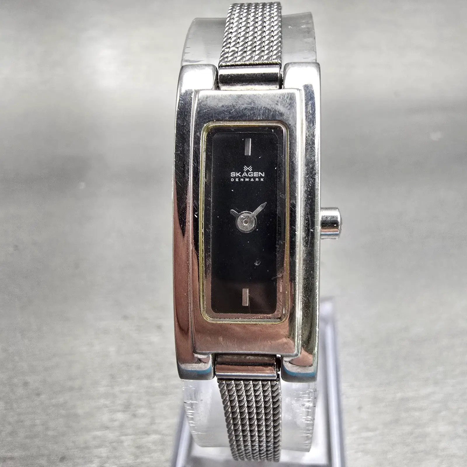 Skagen Denmark Watch Women 13mm Black Dial Silver Tone Rectangle 214SSCB New Bat0