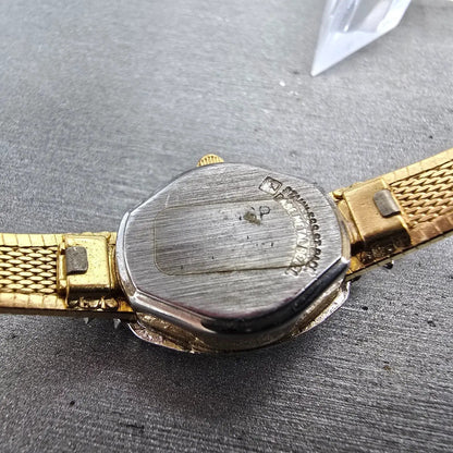 Gruen Watch Women 17mm Silver Dial Gold Tone Ovel Gem Set New Battery Vintage9