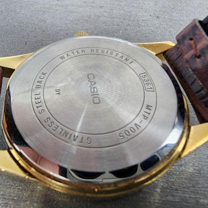 Casio MTPV005 Watch Men 40mm Cream Dial Gold Date Round Leather New Battery9