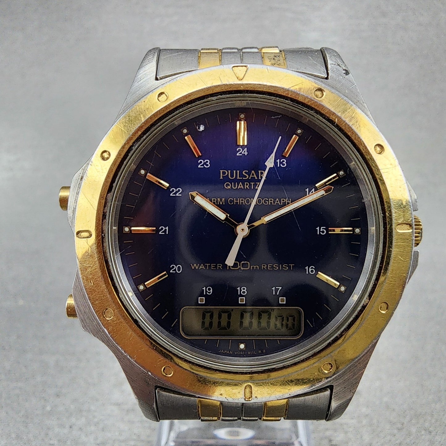 Pulsar Analog Digital Watch Men 39mm Blue Dial Two Tone Alarm Chrono New Battery1