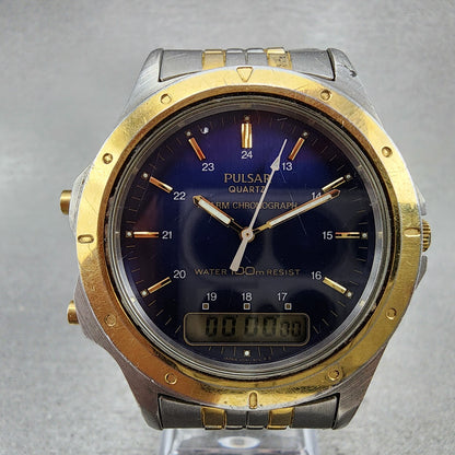 Pulsar Analog Digital Watch Men 39mm Blue Dial Two Tone Alarm Chrono New Battery1