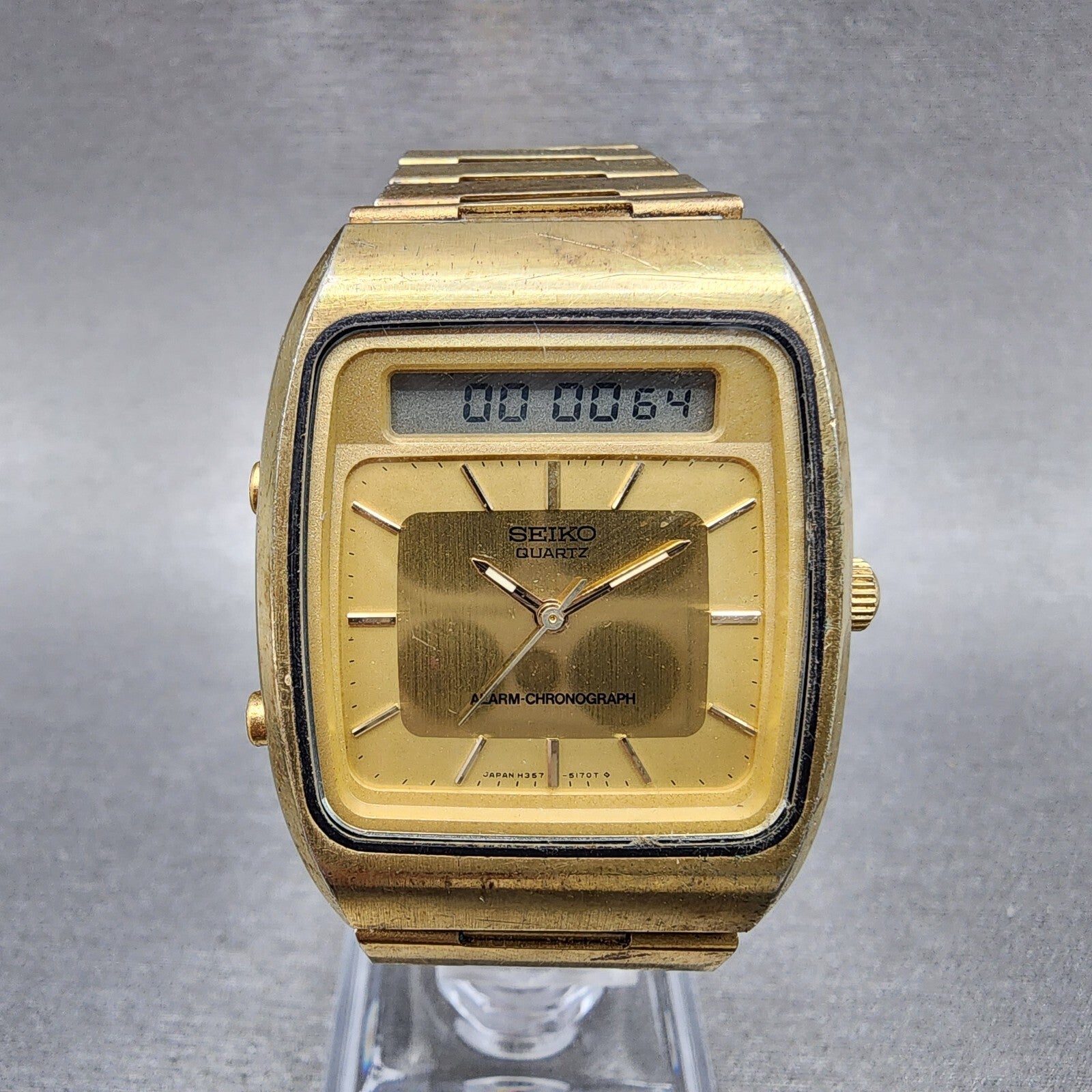Seiko Analog Digital Watch Men 32mm Gold Dial Gold Tone H3575109 New Battery0