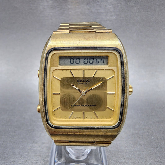 Seiko Analog Digital Watch Men 32mm Gold Dial Gold Tone H3575109 New Battery0