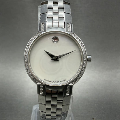 Movado Faceto Watch Women 25mm MOP Dial Steel Diamonds Round 0605146 New Battery0