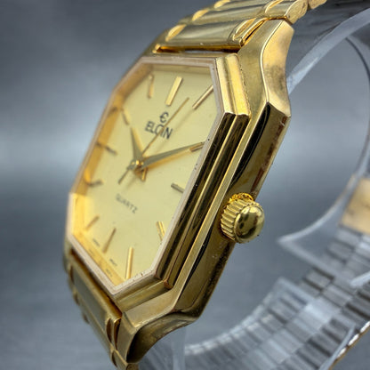 Elgin Watch Unisex 27mm Gold Dial Gold Tone Octagon New Battery Vintage2