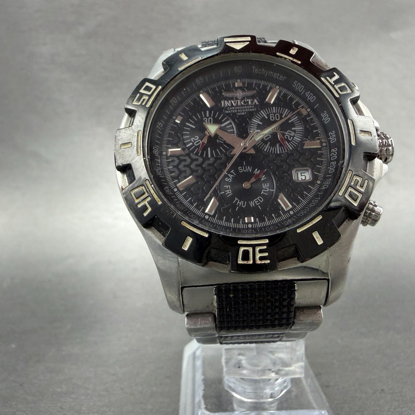 Invicta Chronograph Watch Men 42mm Black Dial Steel Daydate 3913 New Battery5