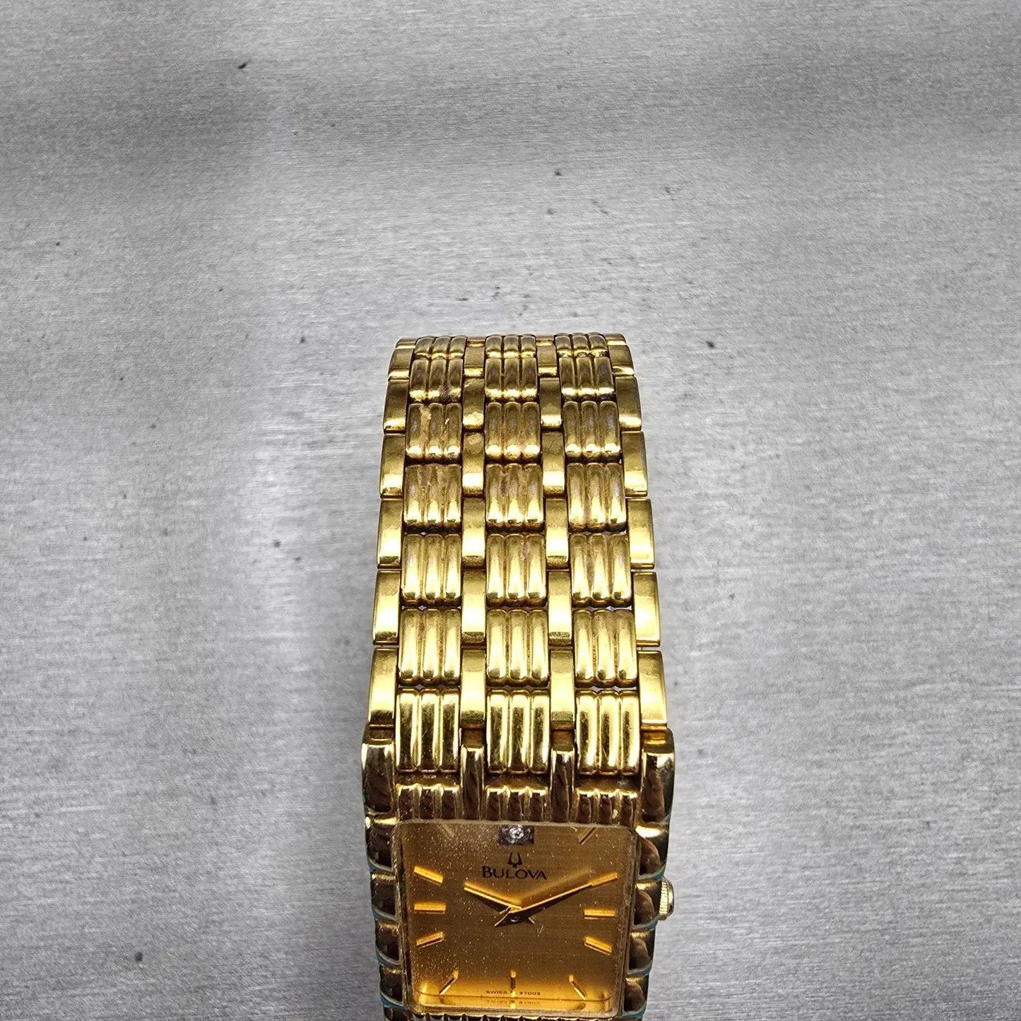 Bulova Watch Men 23mm Gold Dial Gold Tone Diamond Rectangle 97D05 New Battery4