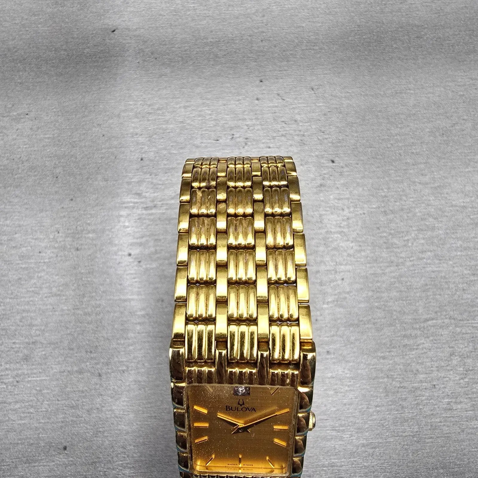 Bulova Watch Men 23mm Gold Dial Gold Tone Diamond Rectangle 97D05 New Battery4