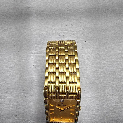 Bulova Watch Men 23mm Gold Dial Gold Tone Diamond Rectangle 97D05 New Battery4