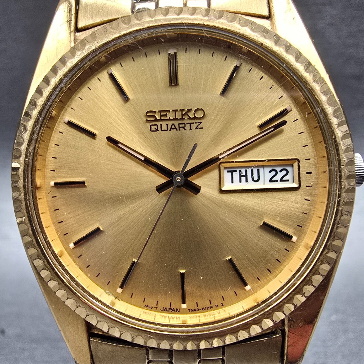 Seiko President Watch Men 36mm Gold Dial Gold Tone Daydate 7N43-8111 New Battery1