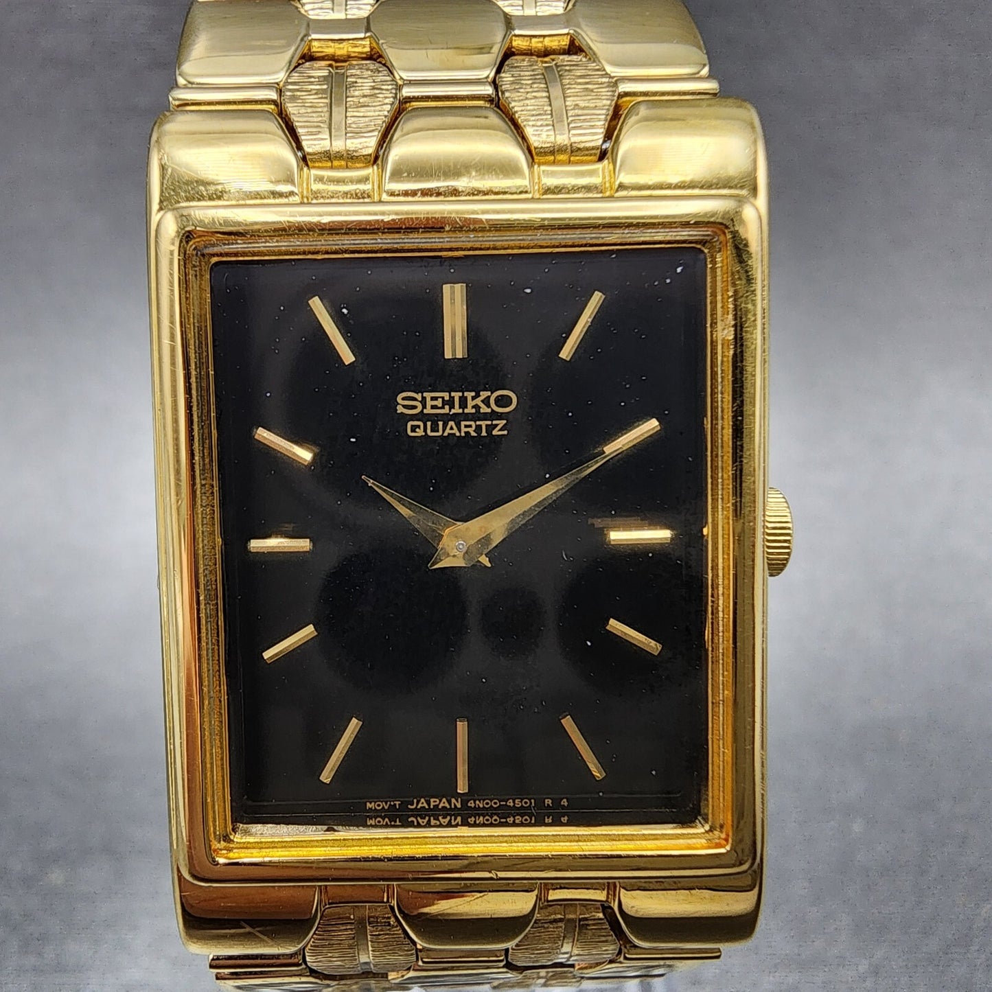 Seiko Tank Watch Men 23mm Black Dial Gold Tone Rectangle 4N00-6511 New Battery