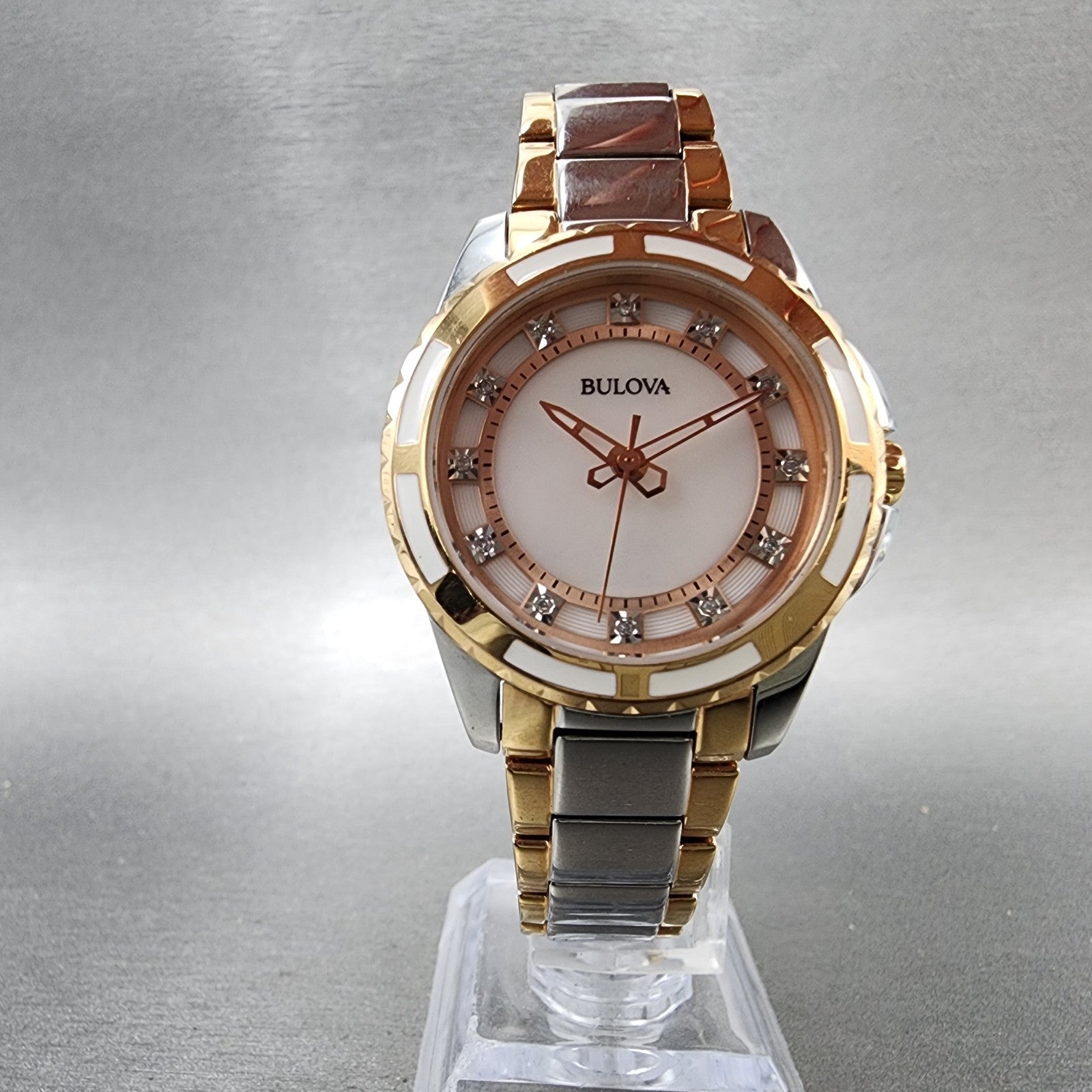Bulova Diamond Watch Women 32mm MOP Dial Two Tone Round 98P134 New Battery5